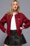 Long Sleeve Embroidery Detail Faux Suede Varsity Jacket