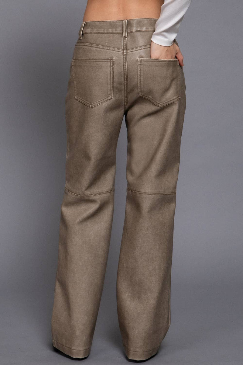 Washed Faux Leather Long Pants