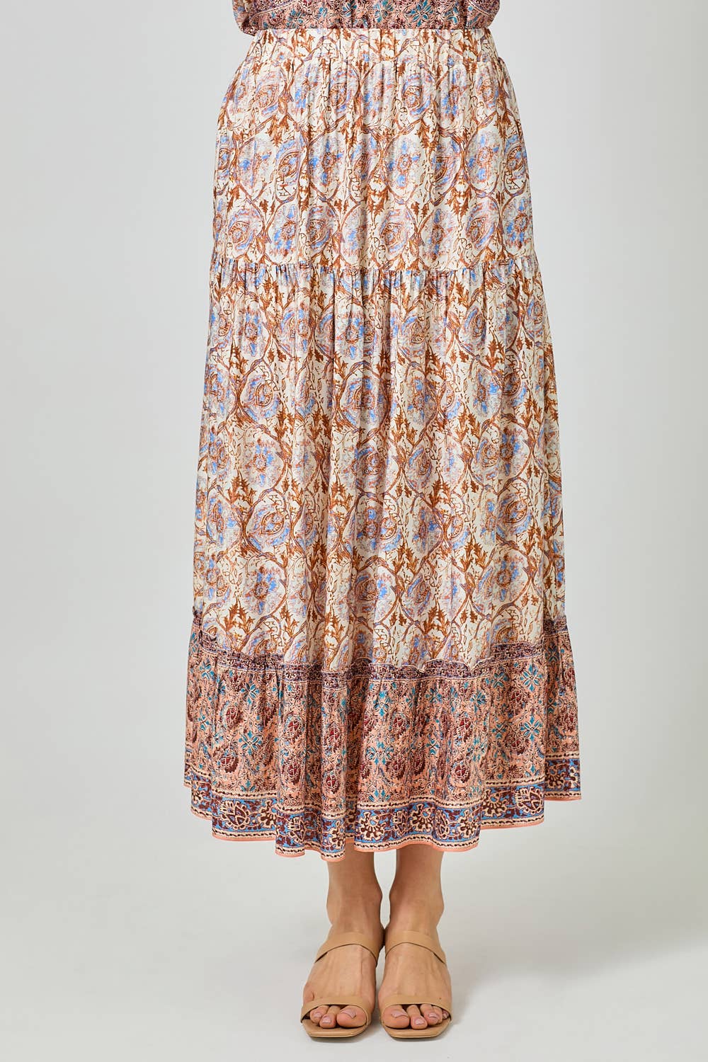 Border Print Tiered Long Skirt
