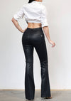 Coated black bootcut jeans with a glossy finish, high-rise fit, and subtle pocket detailing, perfect for Long Island boutique fashion.