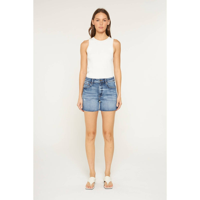 High Rise Raw Hem Denim Shorts