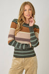 Ribbed color block striped sweater top featuring earthy tones and a fitted silhouette, perfect for Long Island boutique fashion.