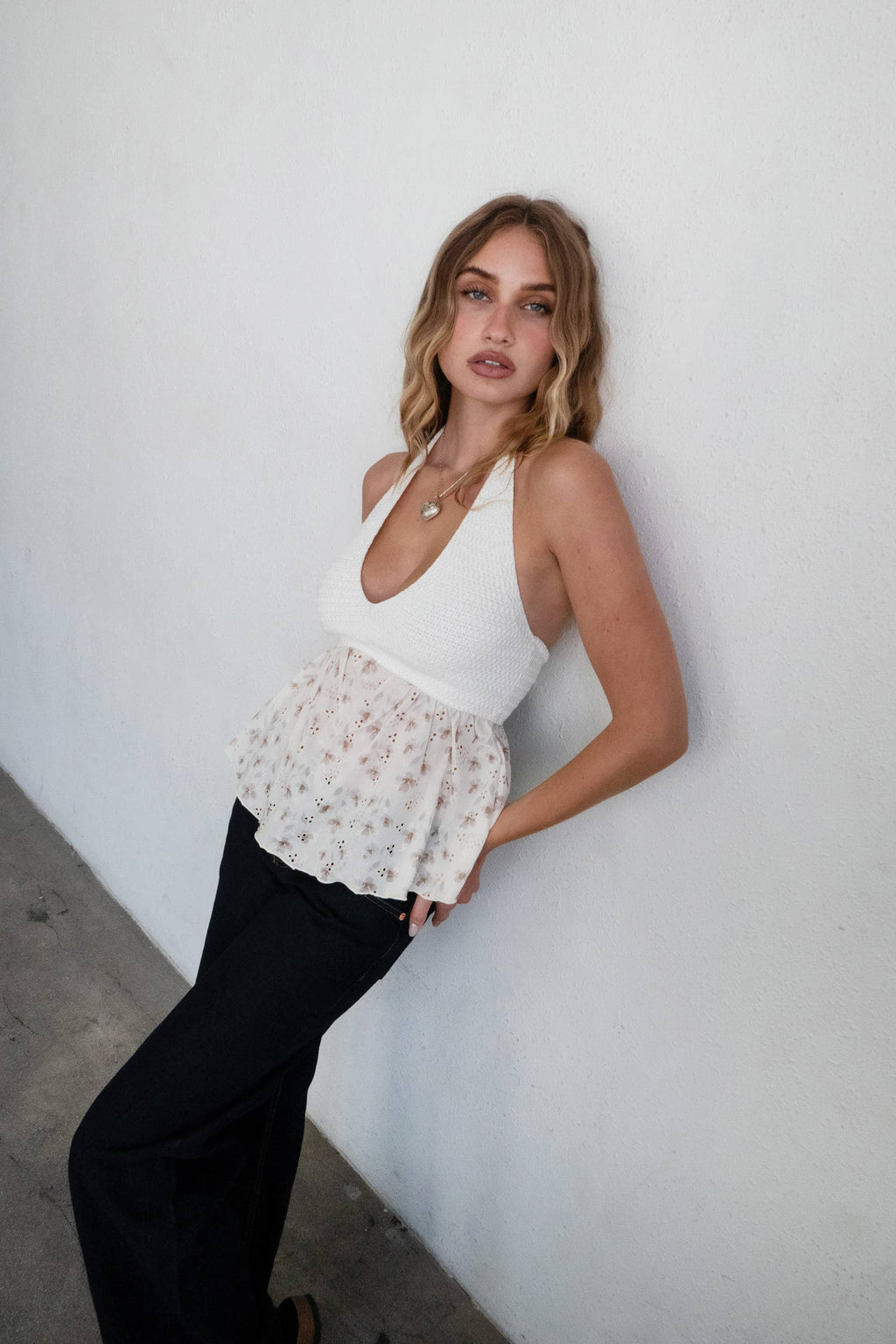 GWYNETH Knit Floral Textured Halter Baby Doll Top