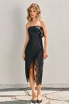 Strapless black midi dress featuring a sleek satin finish and a delicate lace hem, ideal for Long Island boutique fashion.
