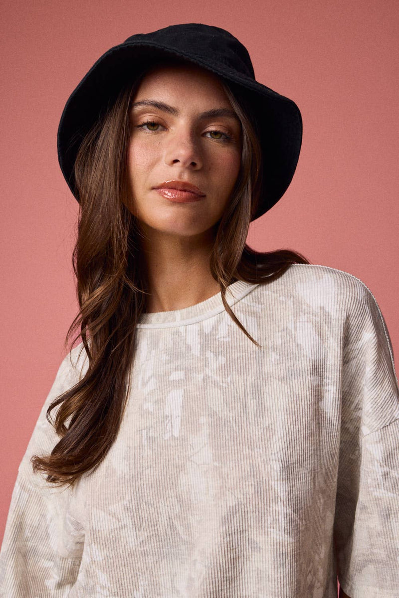 Loose fit camo ribbed shirt in soft beige tones, perfect for a casual look, featuring a relaxed silhouette for Long Island boutique fashion.