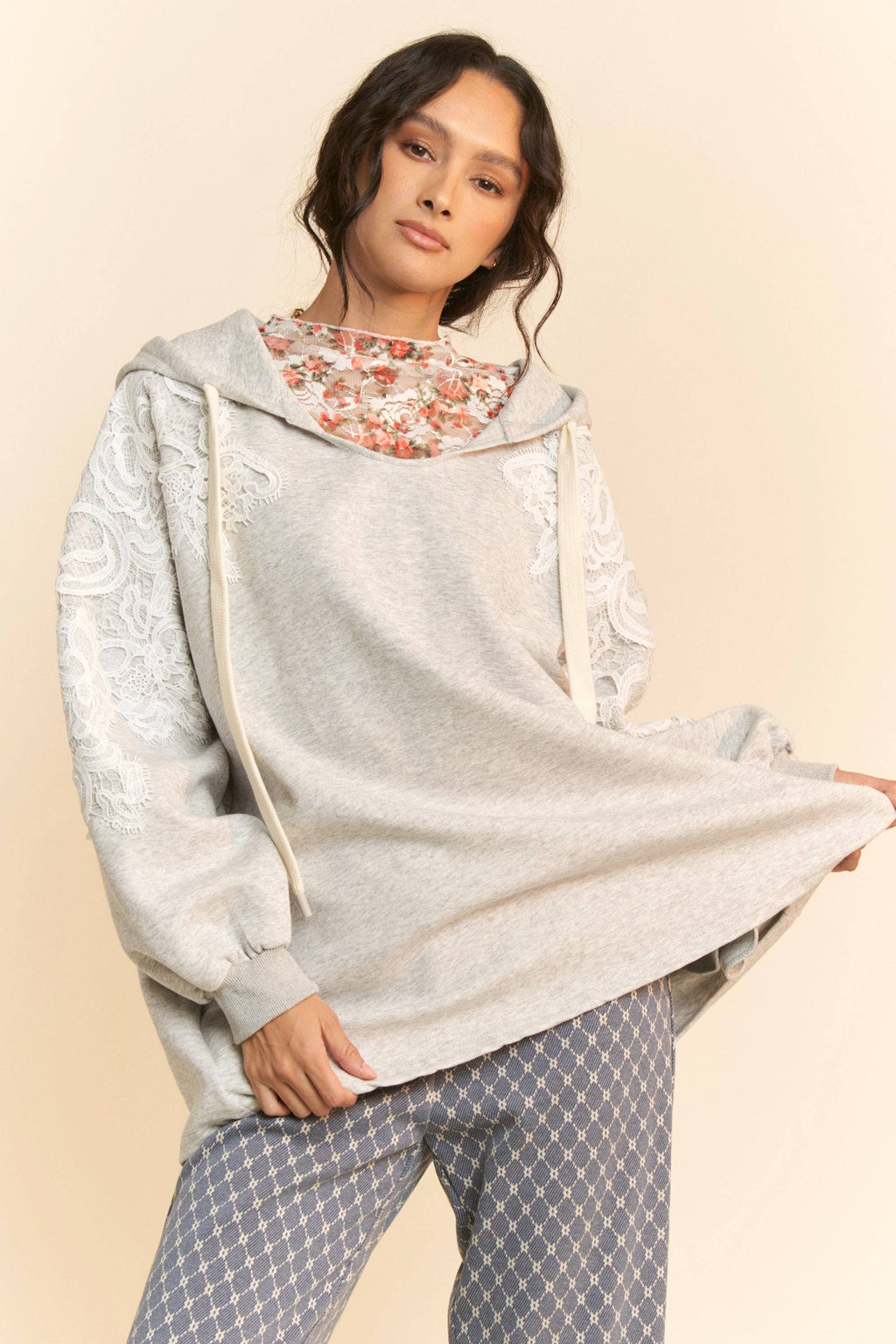 Lace Detail Hoodie Loose Fit Sweatshirt