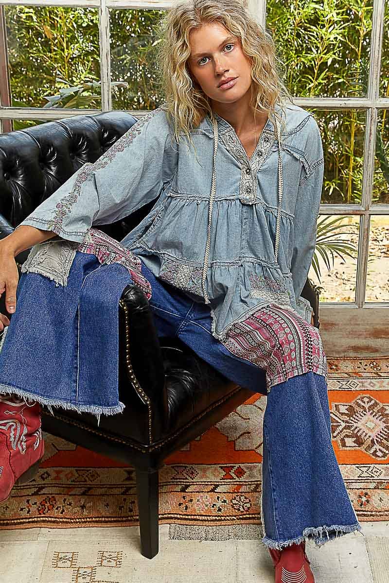 Long Sleeve Double Gauze Embroidery Shirring Woven Top