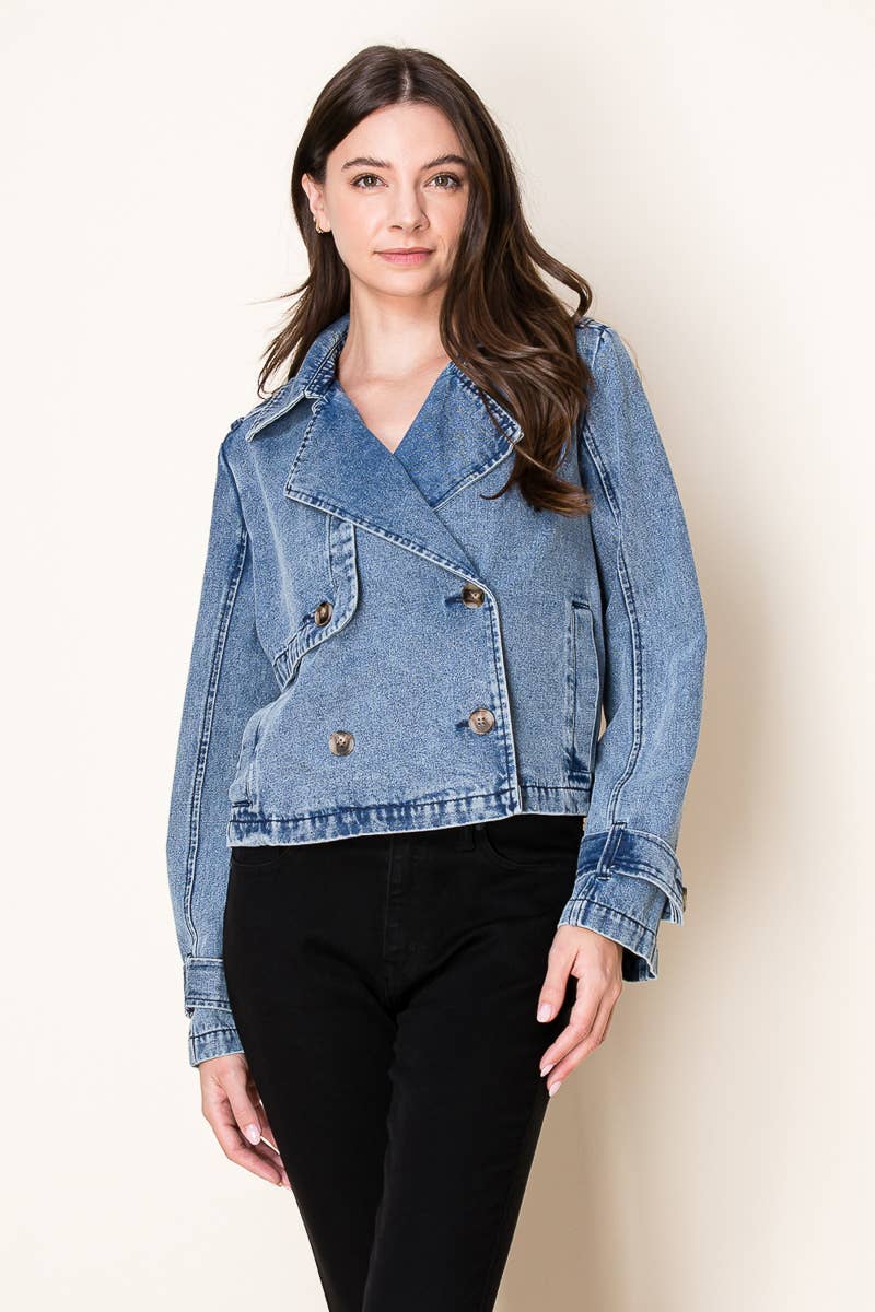 Washed Denim Cropped Trench Jacket