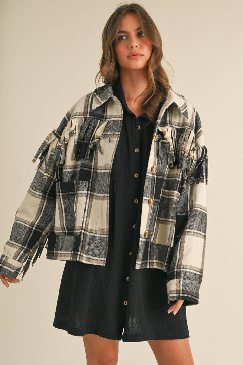 Wool Fringed Detail Plaid Jacket