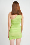 One Shoulder Ruched Mesh Dress