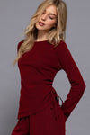 Long Sleeve Round Neck Side Ruched Two Tone Texture Knit Top