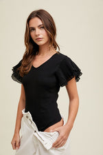 Pleated Flutter Sleeve Ribbed Thong Bodysuit