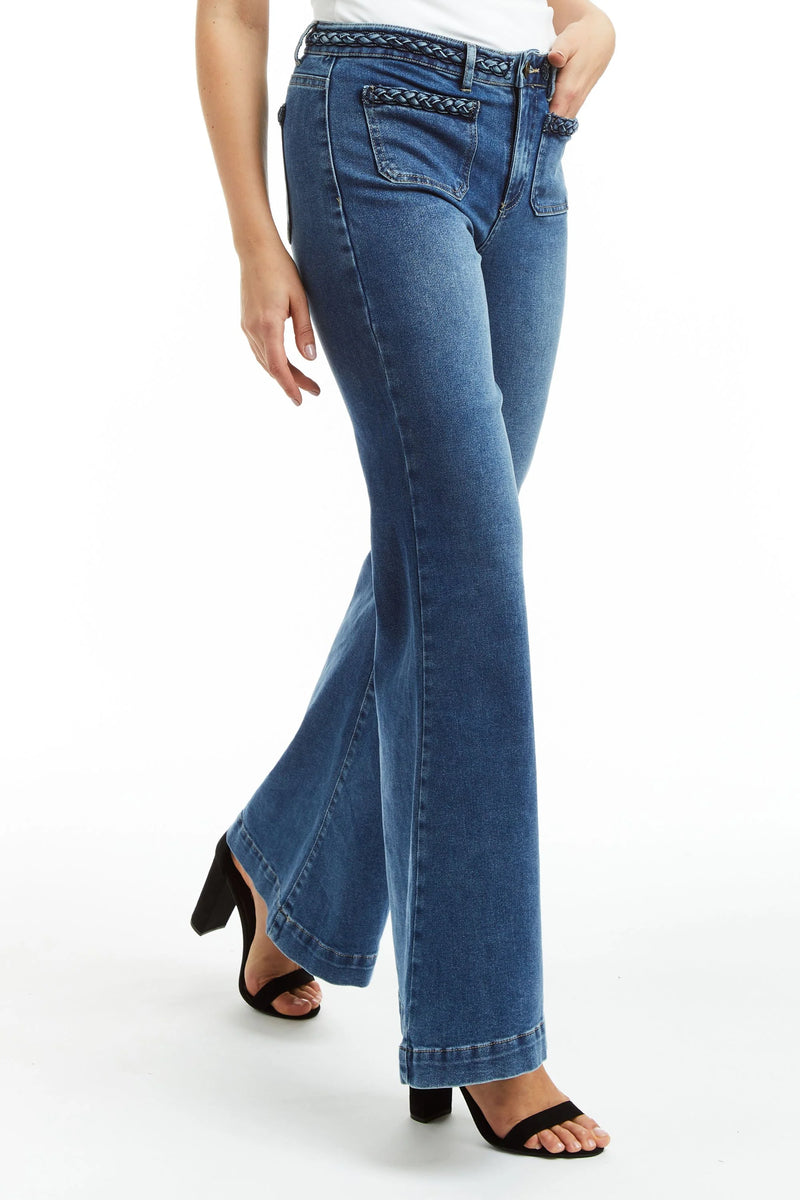 Mid Rise Braided Waist Flare Jean