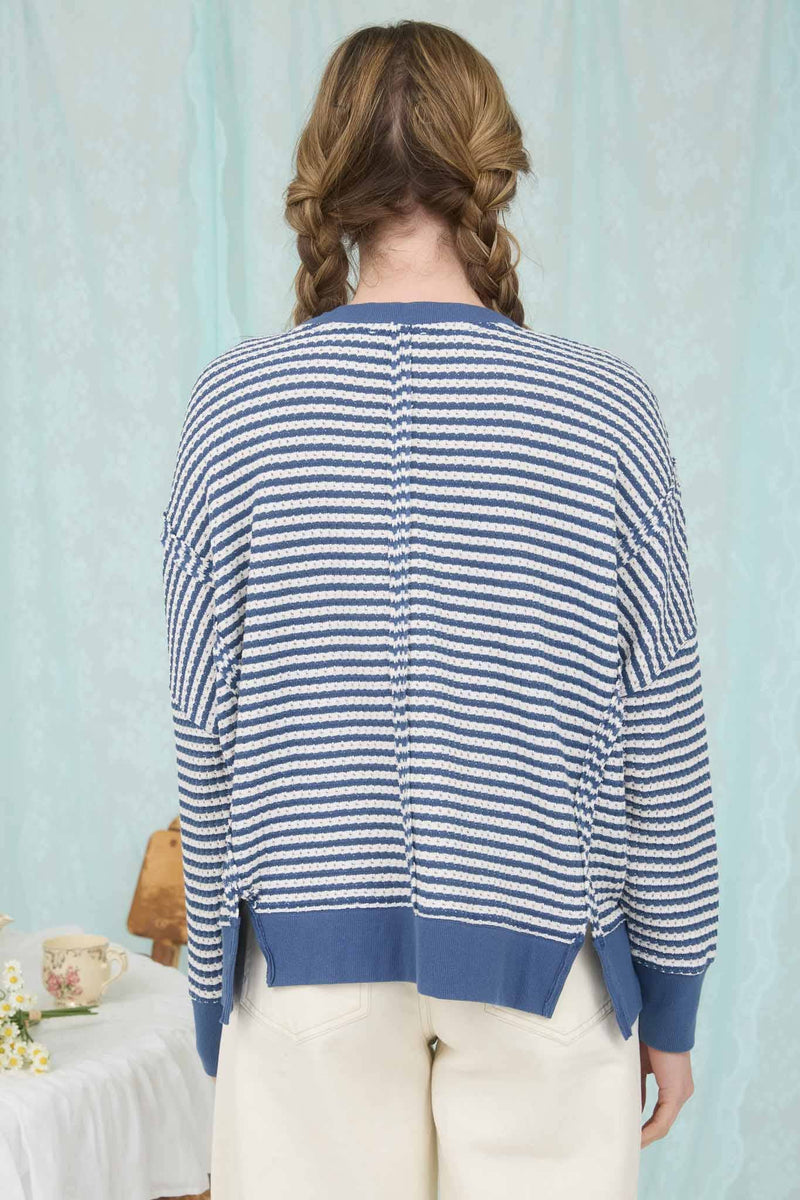 Stripe Exposed Seam Split Hem Long Sleeve Top