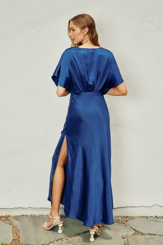 Satin Blouson Maxi Dress - Navy Peony