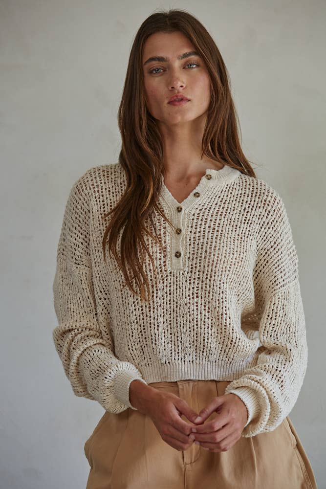 Knit Sweater Neck Henley See Through Pullover Top