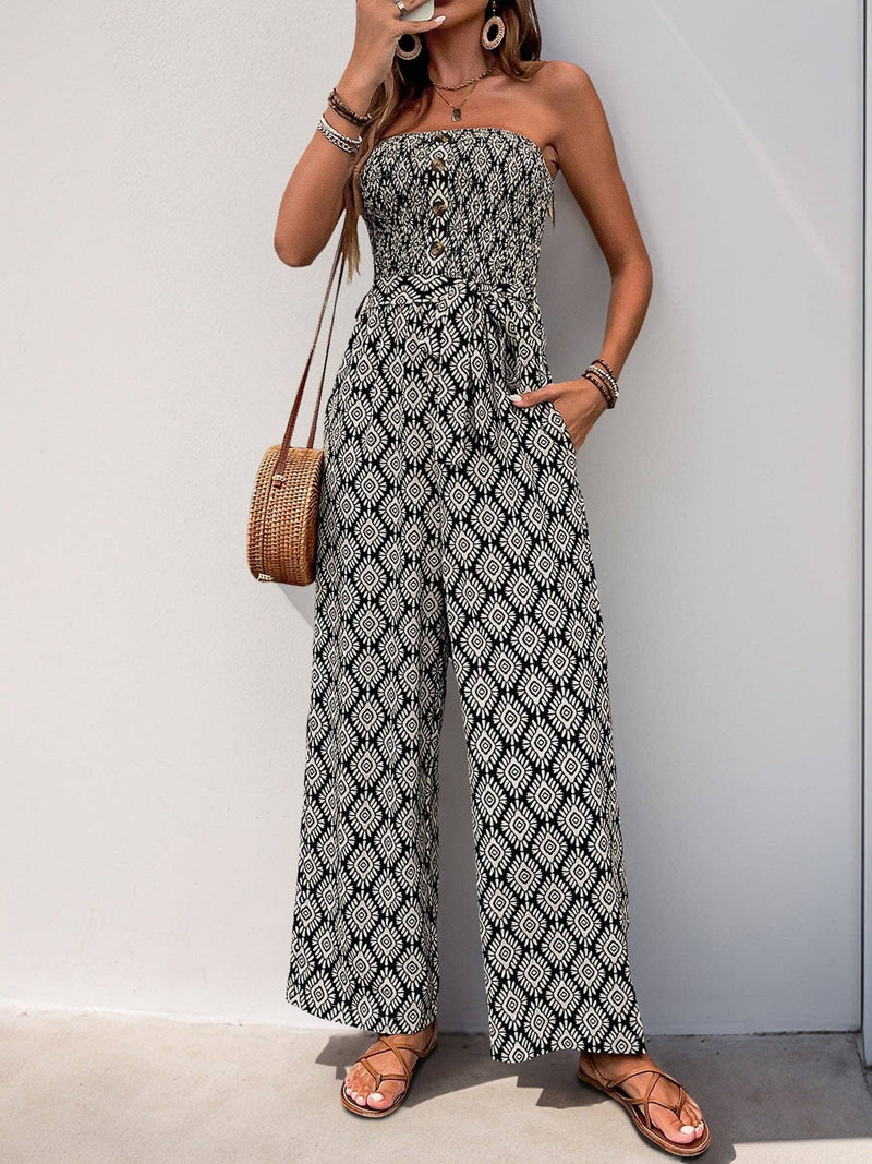 Women's Bohemian Print Smocked Strapless Jumpsuit
