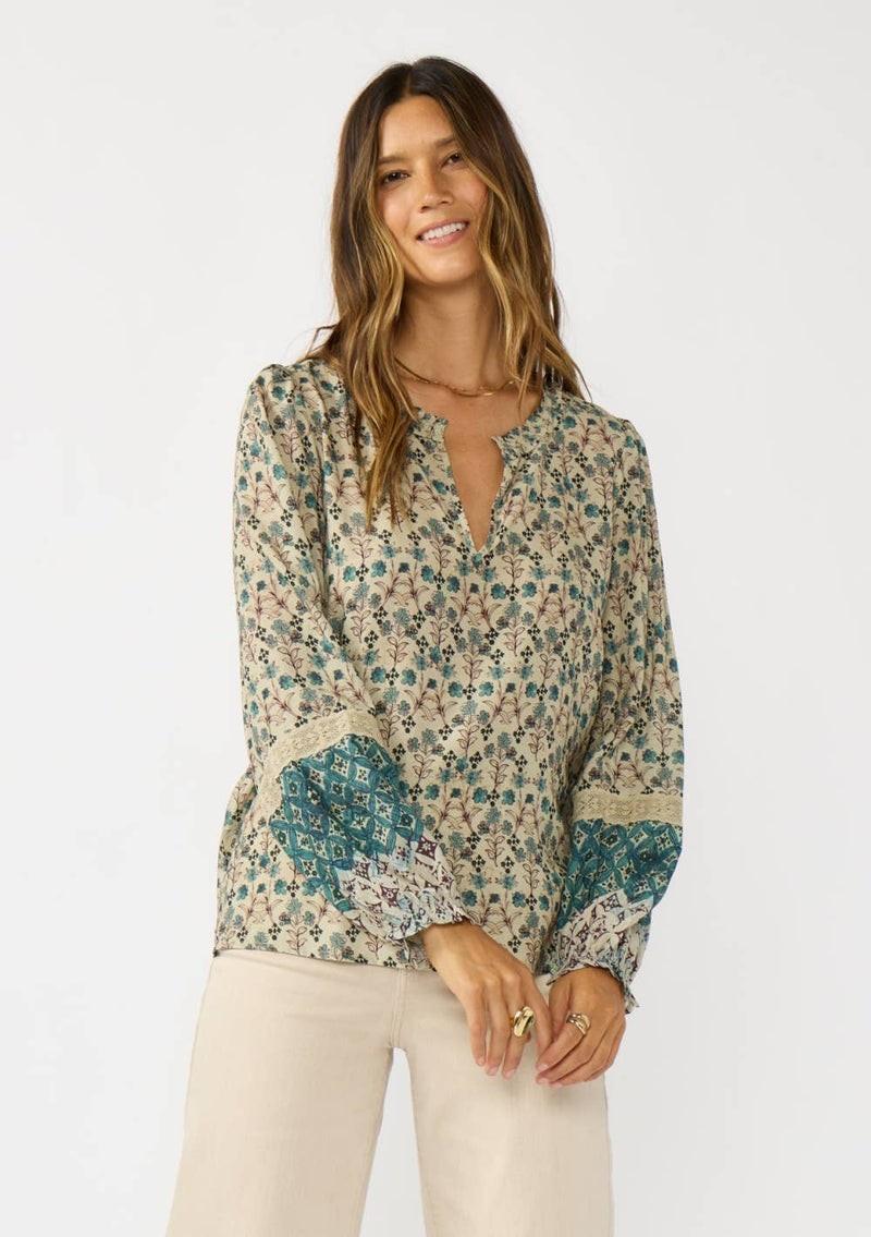 Split Ruffle Neck Border Print Blouse