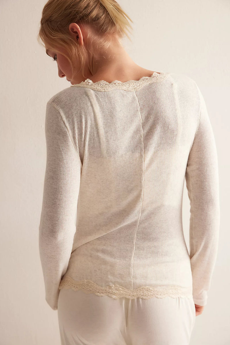 Free People Big Love Rib Cardi Top in Oatmeal Heather – ribbed lace trim cardigan from TandyWear boutique, back view