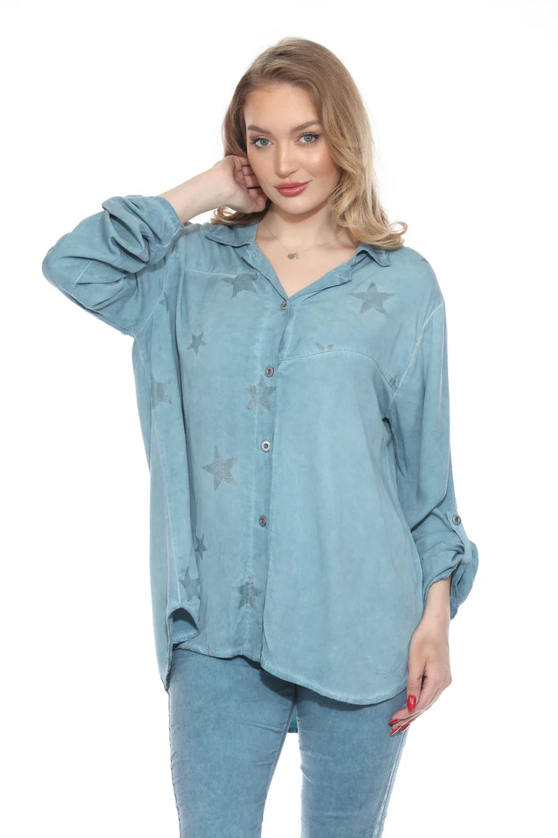 Viscose Button Down Top w/ Stars