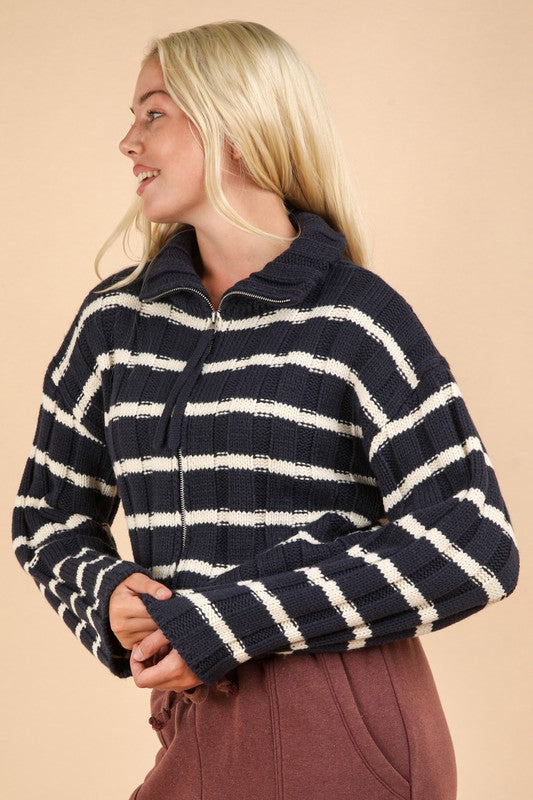 Mock Neck Zipper Stripe Knit Sweater Cardigan