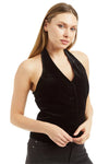 Lined Stretch Velvet Button Halter Vest