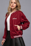 Long Sleeve Embroidery Detail Faux Suede Varsity Jacket