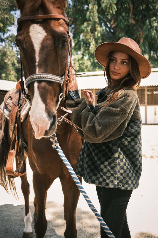Checkerboard Faux Fur And Leather Jacket
