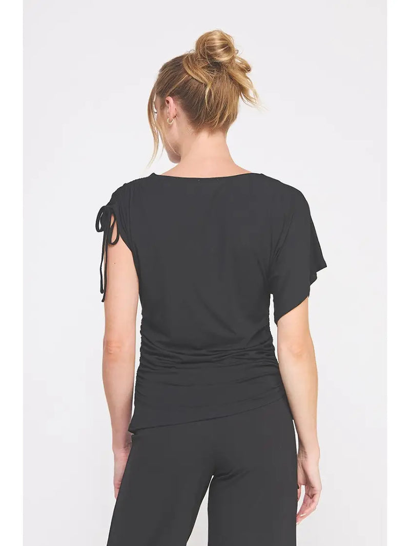Soft black modal knit asymmetric ruched tie top – trendy women’s blouse from TandyWear , back view 