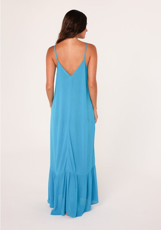 Rayon Gauze Sleeveless V-Neck Maxi Dress - Turquoise
