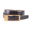 Stylish black croco belt featuring an asymmetrical rectangular gold buckle, perfect for adding flair to any outfit in Long Island boutique fashion.