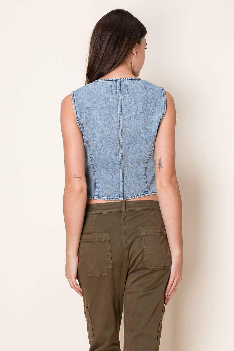 Washed Denim Fitted Vest With Heart Pockets