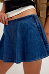 Free People Paradise Found denim skort – A-line mid-rise blue denim skort from TandyWear boutique, up close side view