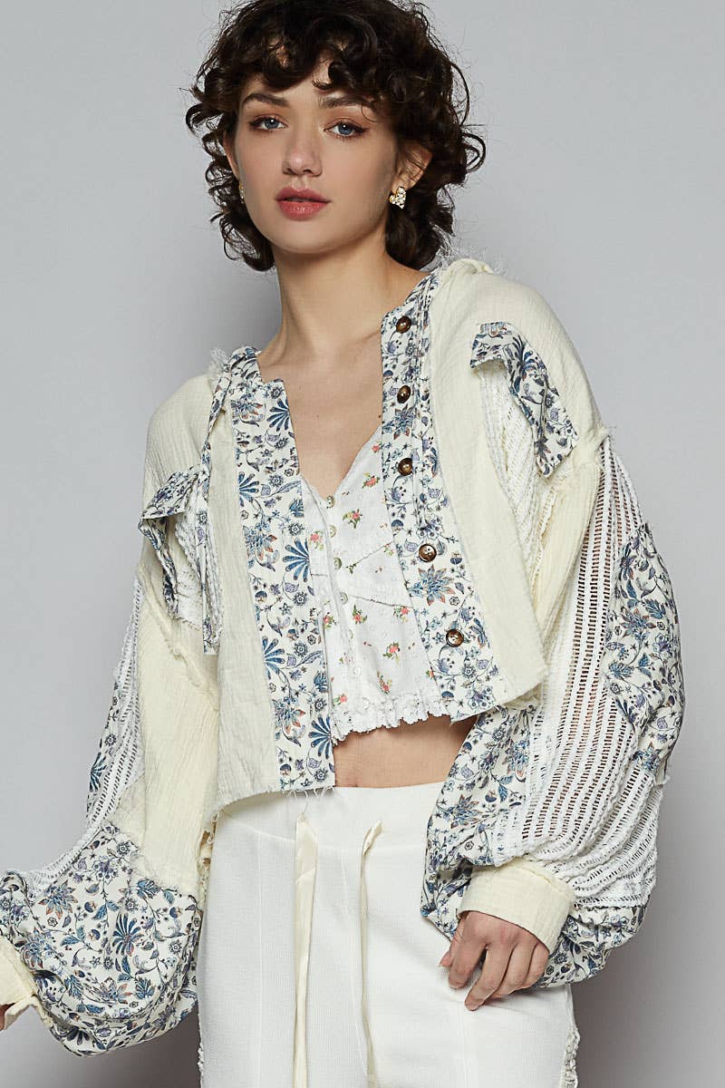 Balloon Sleeve Double Gauze Floral Placket Jacket
