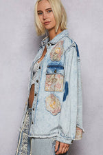 Balloon Sleeve Floral Patch Detail Denim Jacket
