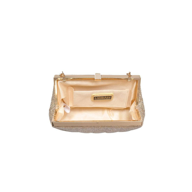 Karla Evening Bag in gold rhinestone mesh with chain strap and clasp closure — elegant, sparkling clutch available at TandyWear Boutique in Commack, NY. open view
