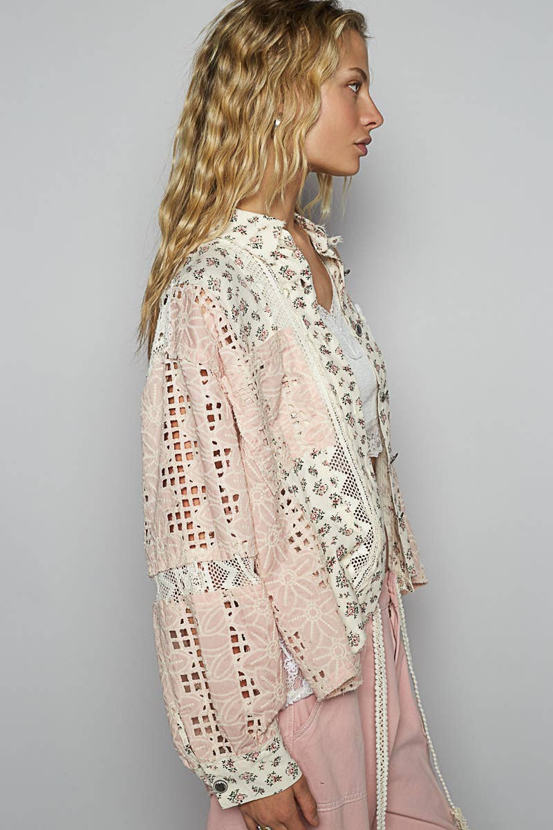 Balloon Sleeve Crochet Floral Printed Shirt