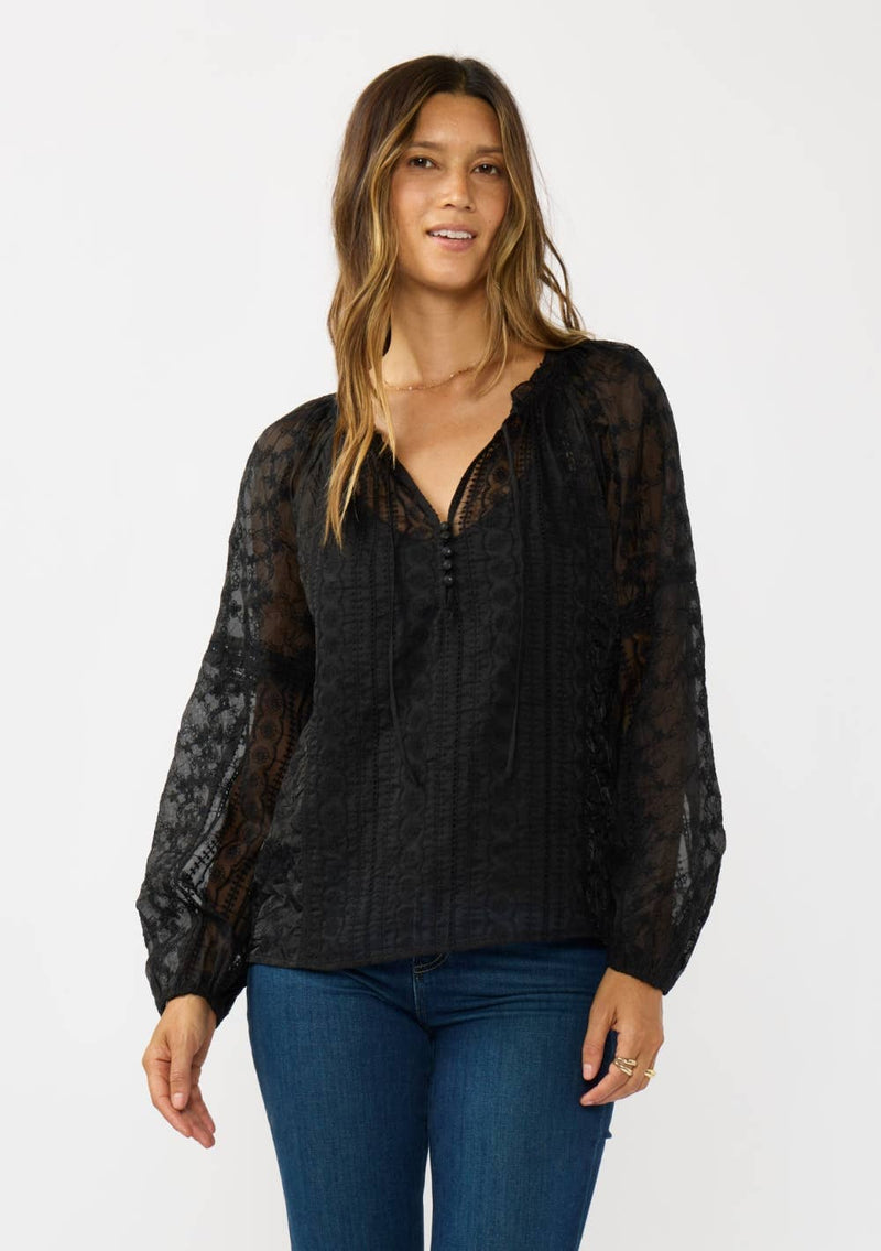 Long Sleeve Split Neck Lace Trim Chiffon Blouse
