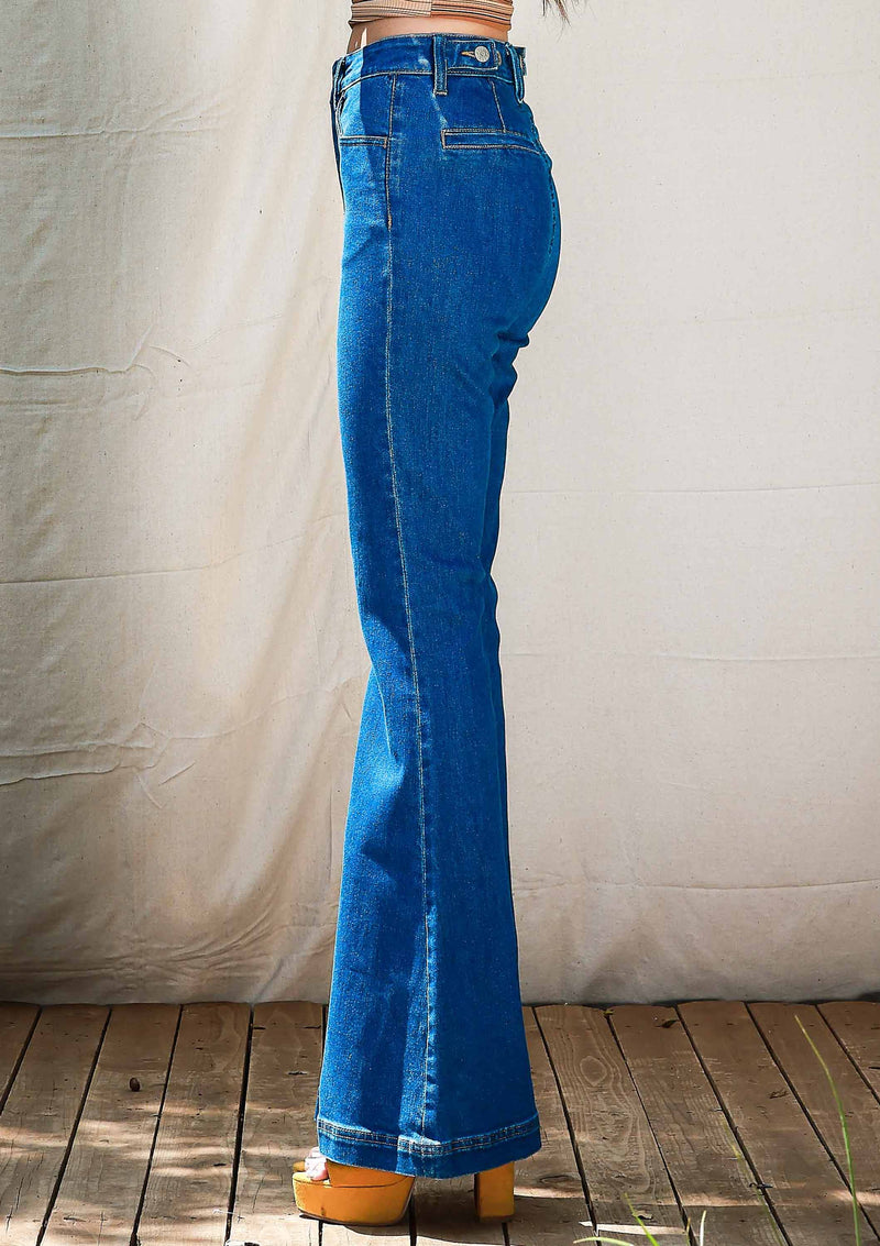 High Rise Flare Jeans With Waist Snap