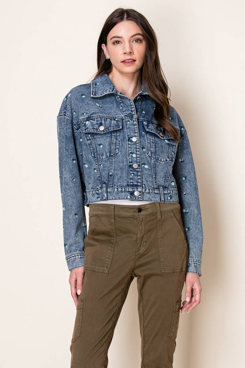 Daisy Embroidered Cropped Denim Trucker