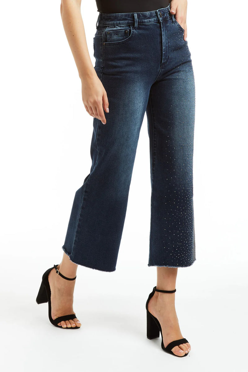 Tractr High Rise Gradient Studded Wide Straight Ankle Crop