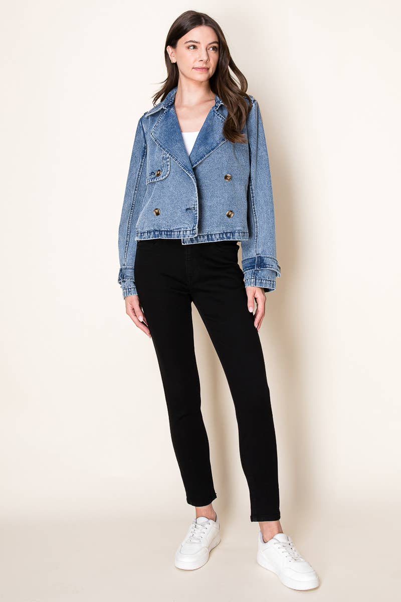 Washed Denim Cropped Trench Jacket