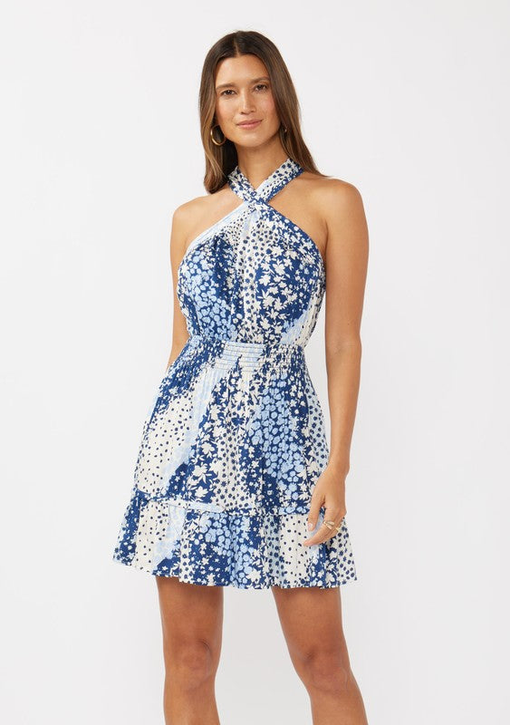 Floral Patchwork Halter Neck Mini Dress
