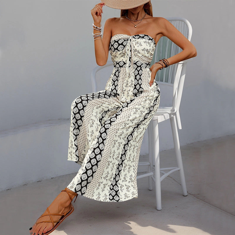 Strapless Smocked Tube Top Flare Trouser Jumpsuit