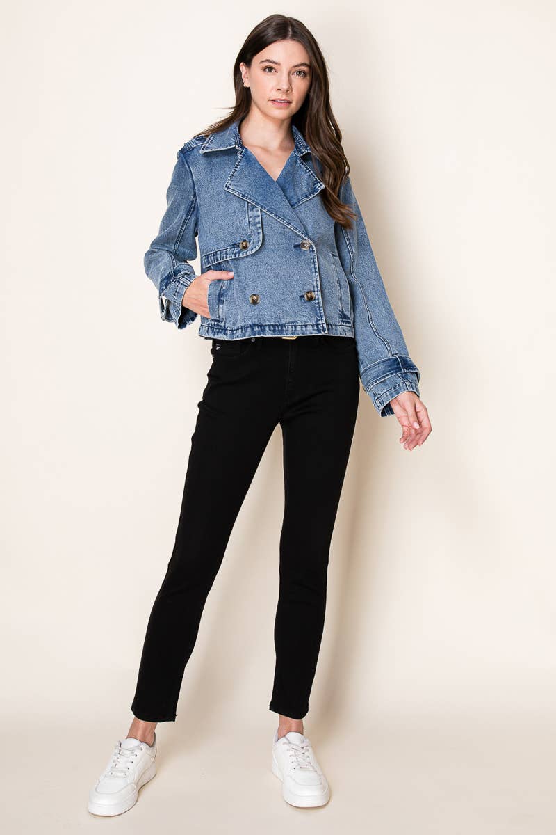 Washed Denim Cropped Trench Jacket