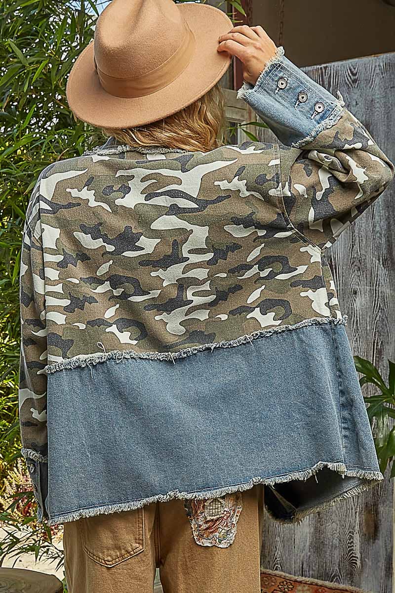 Woven denim jacket featuring a unique camo print, frayed hem, and relaxed fit, perfect for Long Island boutique fashion.