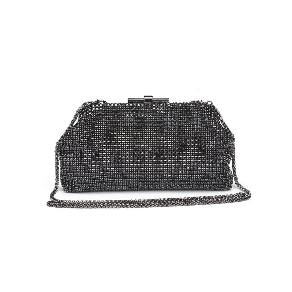 Delfina Evening Bag in black rhinestone mesh with detachable chain strap and clasp closure — elegant clutch available at TandyWear Boutique in Commack, NY.