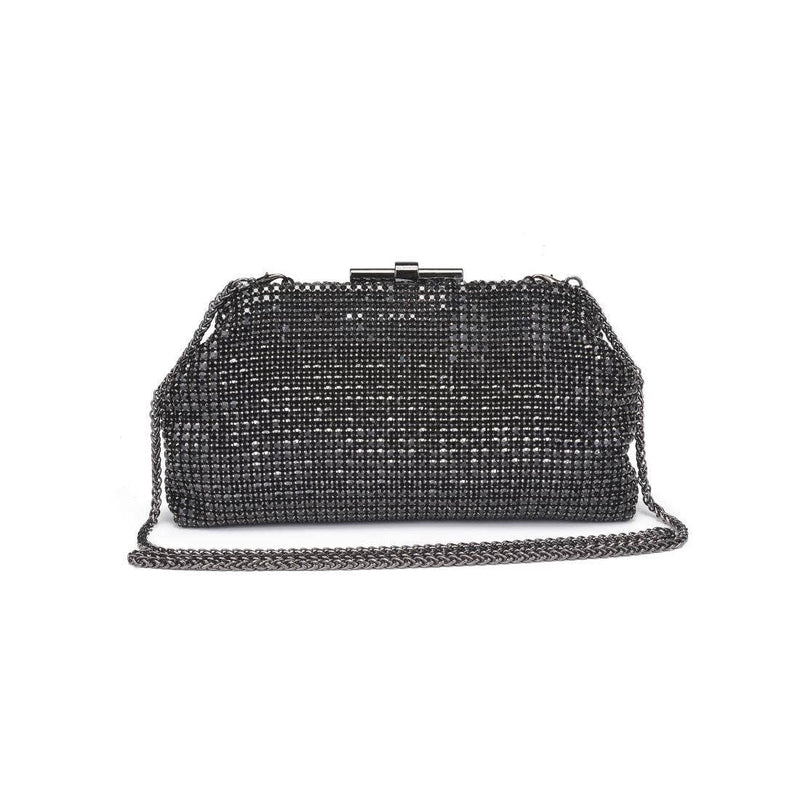 Delfina Evening Bag in black rhinestone mesh with detachable chain strap and clasp closure — elegant clutch available at TandyWear Boutique in Commack, NY.