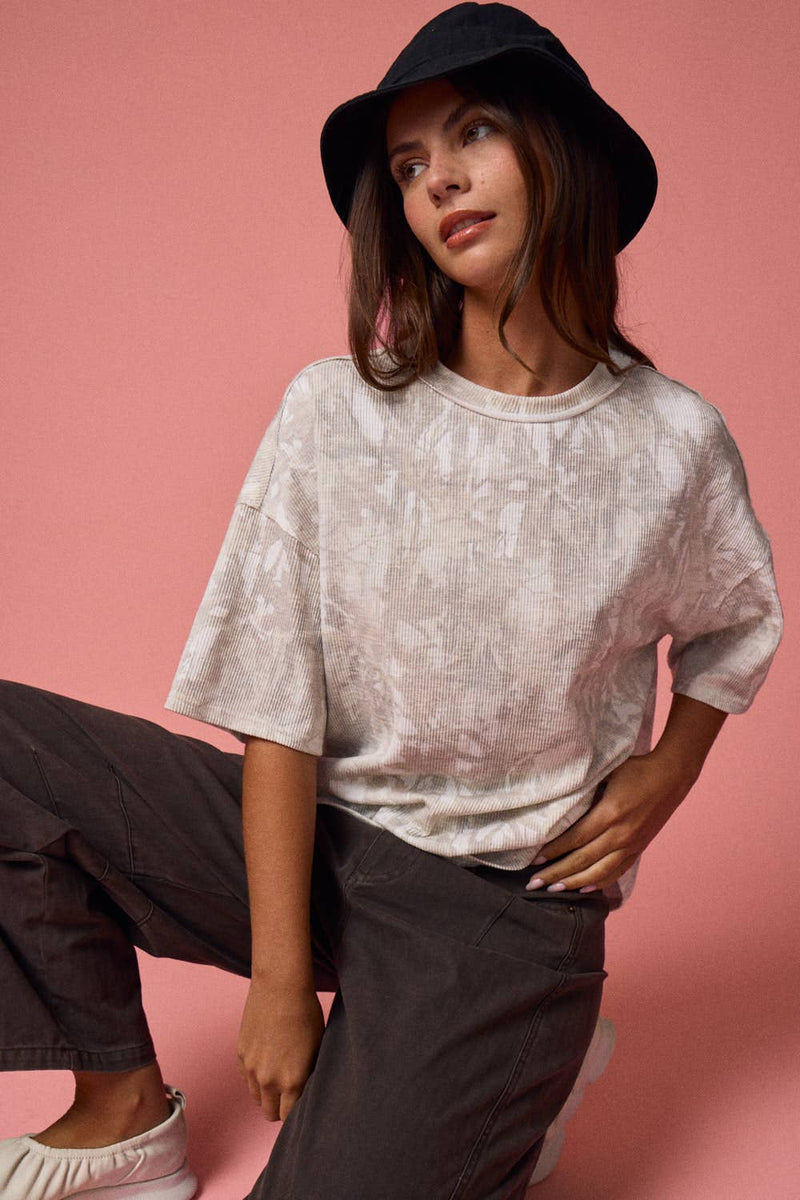 Loose fit camo ribbed shirt in neutral tones, perfect for relaxed styling, showcasing Long Island boutique fashion.