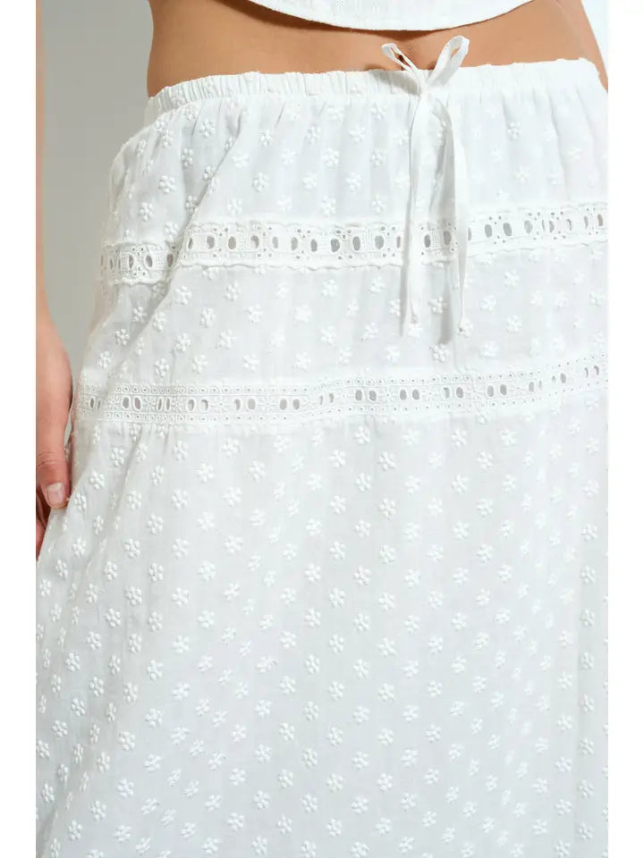 Lace Trim Eyelet Tiered Maxi Skirt